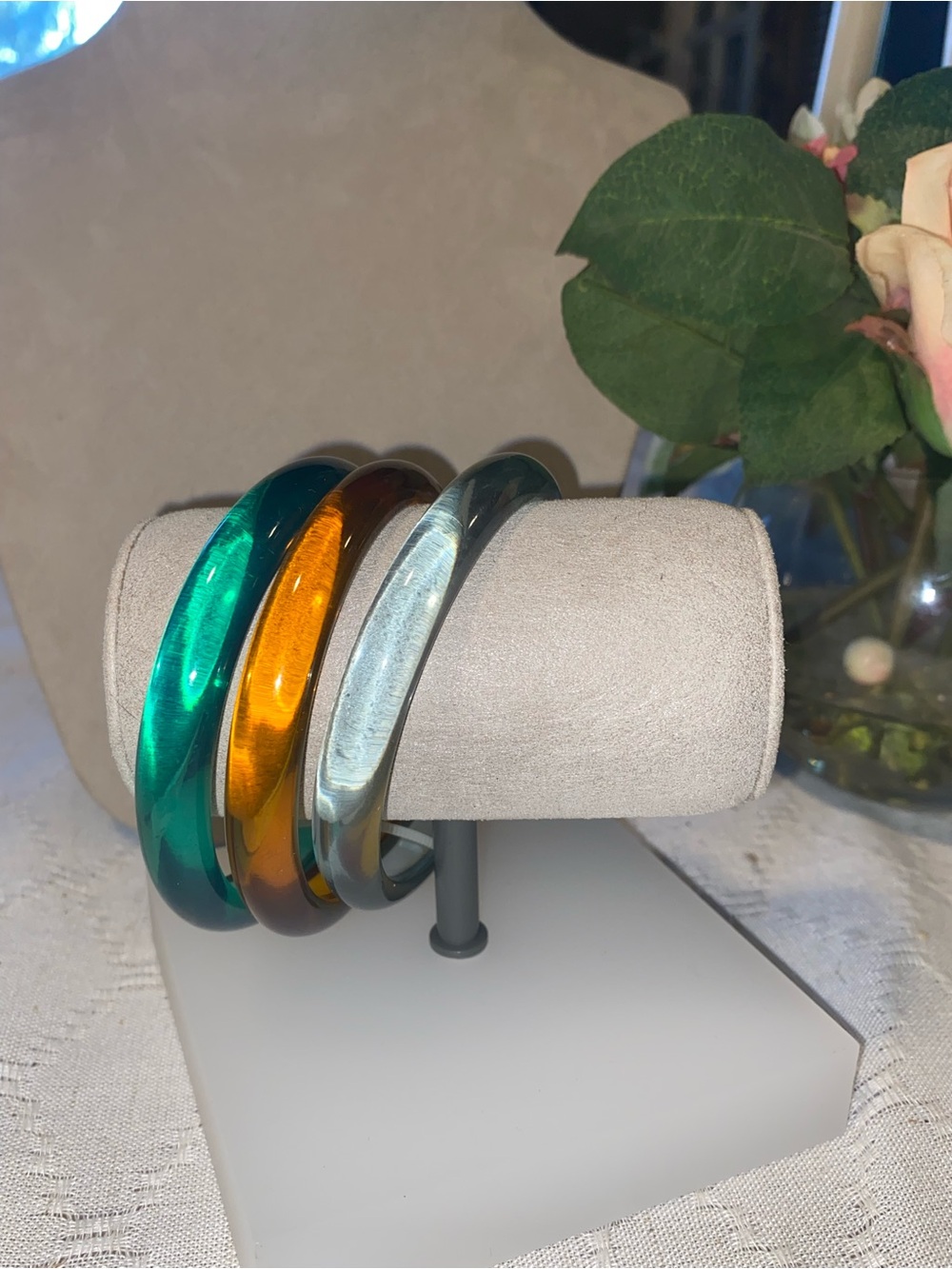 Set of Three Colorful Resin Bangle Bracelets - Green, Amber, Silver